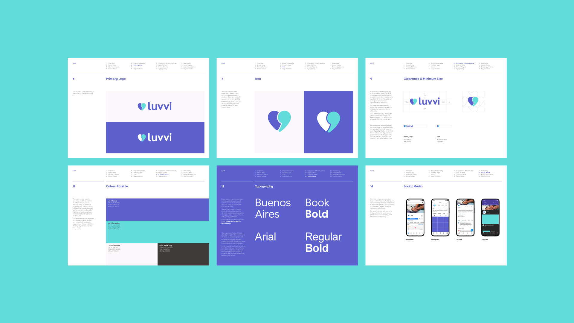 Brand design guidelines for Luvvi, featuring logo and icon guidance, colour palette, fonts and social media assets.
