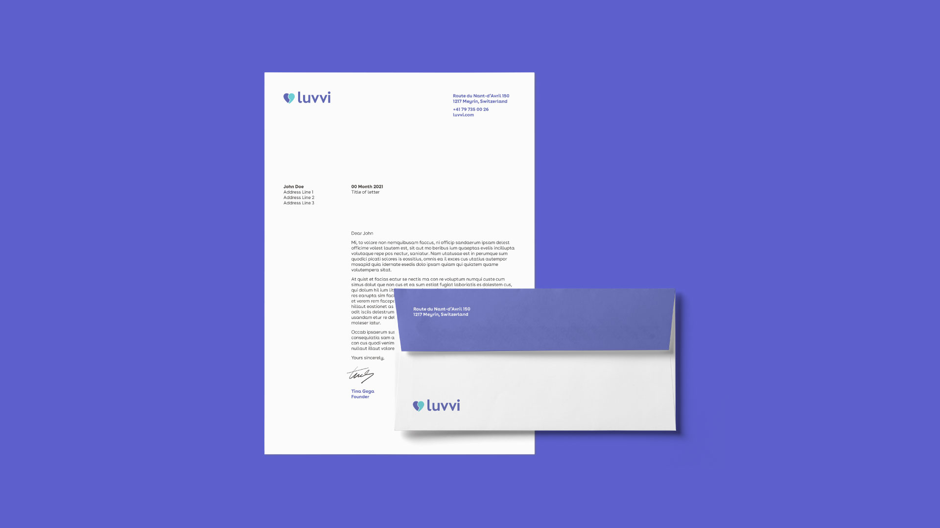 Luvvi branded stationery; a letterhead and bespoke envelope featuring the logo design and company details.